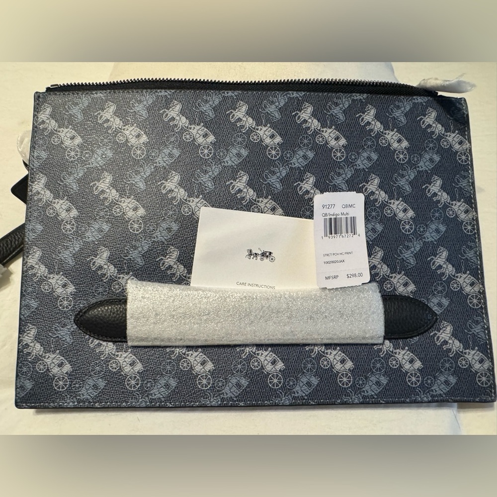 COACH STRUCTURED POUCH Dark Blue W/ Light Blue Inlay Horse and Carriage